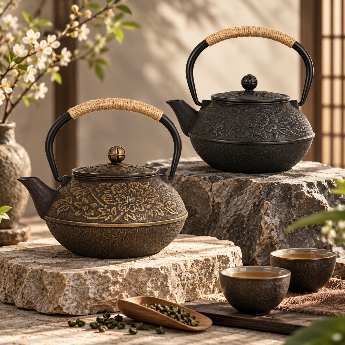Gusseiserne Teekanne, japanische Teekanne mit Blumenmuster