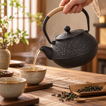 Gusseiserne Teekanne, japanische Teekanne mit Blumenmuster
