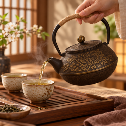 Gusseiserne Teekanne, japanische Teekanne mit Blumenmuster