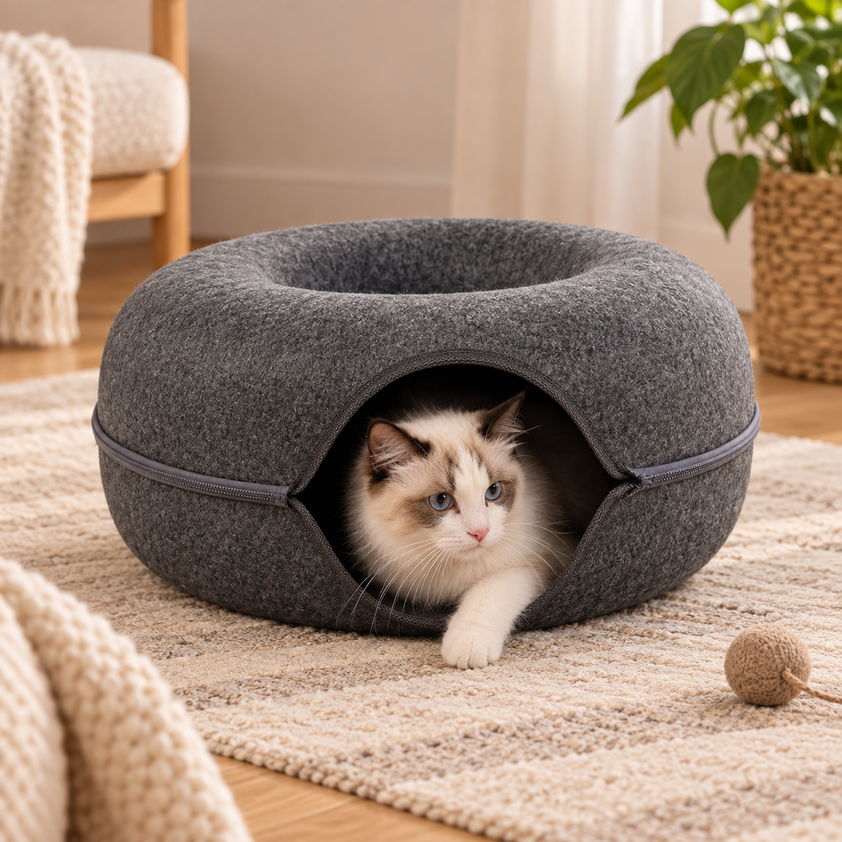 Cat Cave Bed Donut Cozy Hooded Enclosed Pet Nest