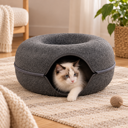 Cat Cave Bed Donut Cozy Hooded Enclosed Pet Nest