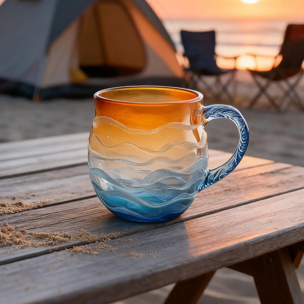 Taza de decoración costera soplada a mano con textura de vidrio marino