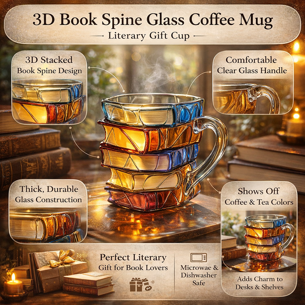 Coffee Mug Glass Book Design 3D Style Literary Gift Cup