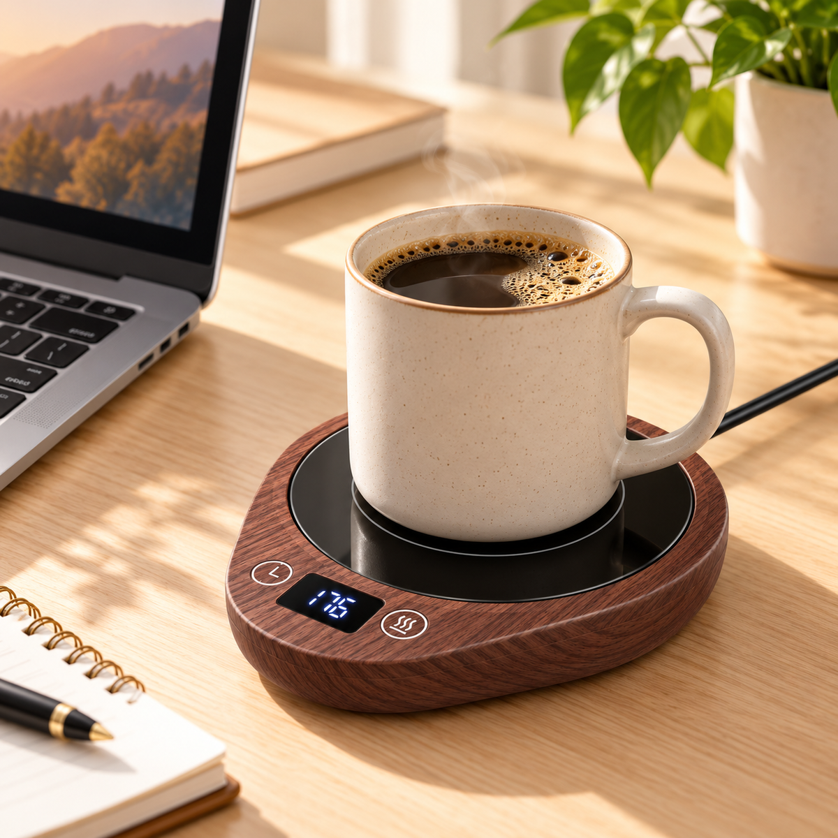 Función de temporizador y control de temperatura para calentador de tazas de café