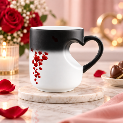 Farbwechselnde Kaffeetasse mit Herzdesign, thermochromisch