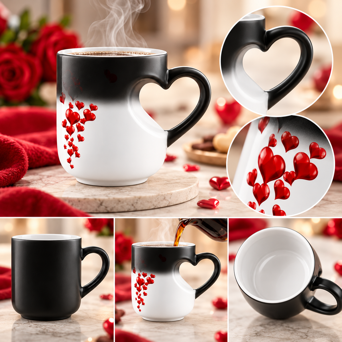 Farbwechselnde Kaffeetasse mit Herzdesign, thermochromisch