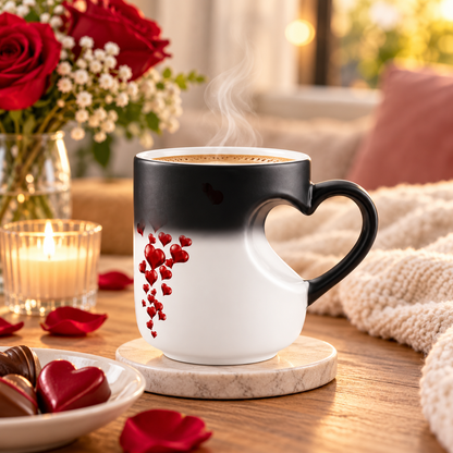 Farbwechselnde Kaffeetasse mit Herzdesign, thermochromisch