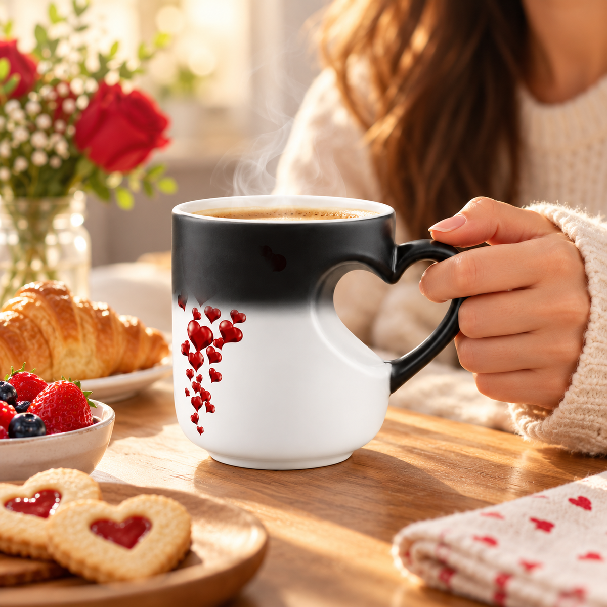 Farbwechselnde Kaffeetasse mit Herzdesign, thermochromisch