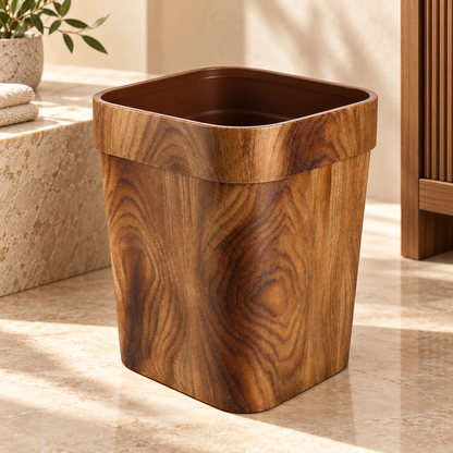 Kompakt affaldsspand i træ med minimalistisk design til organisering af hjemmet