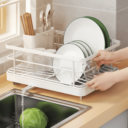 Escurreplatos de acero inoxidable compacto con bandeja para encimera