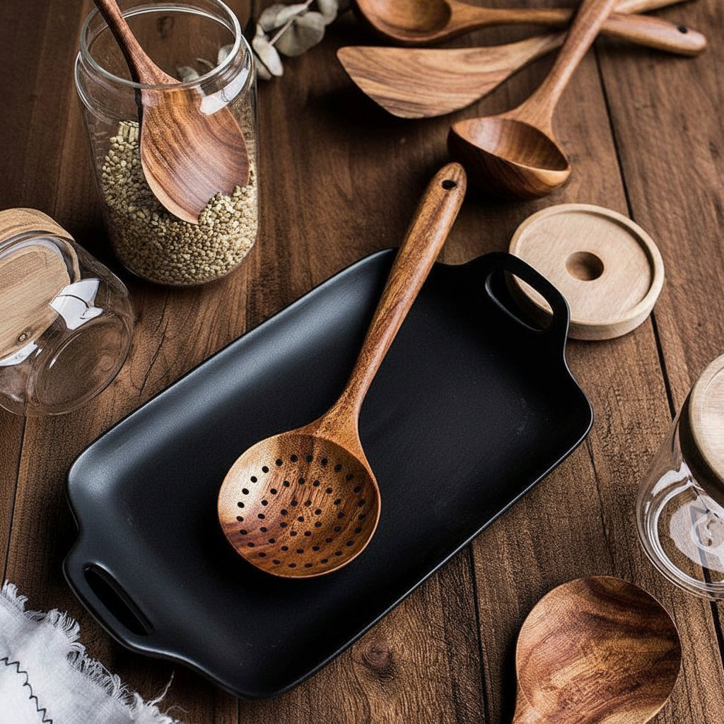 Set di utensili da cucina in legno fatti a mano, strumenti da cucina che non graffiano