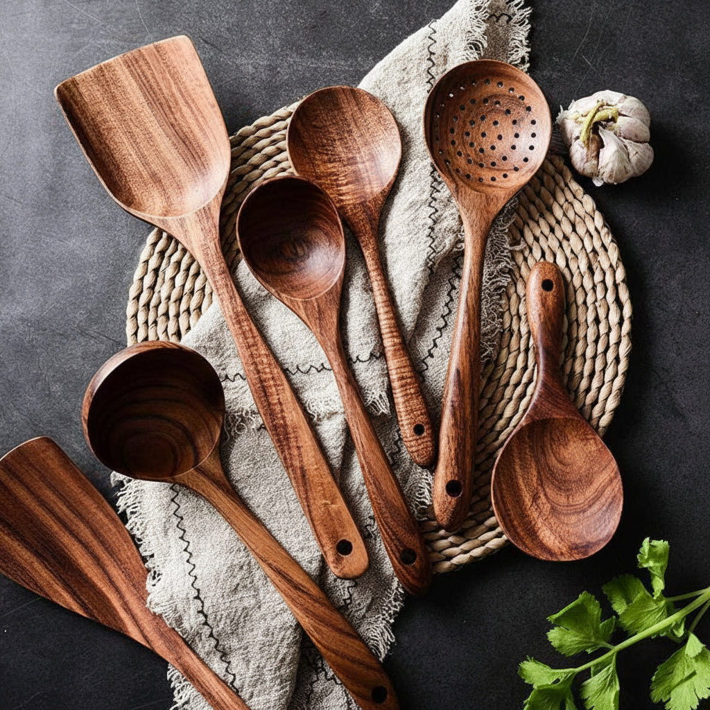 Set di utensili da cucina in legno fatti a mano, strumenti da cucina che non graffiano
