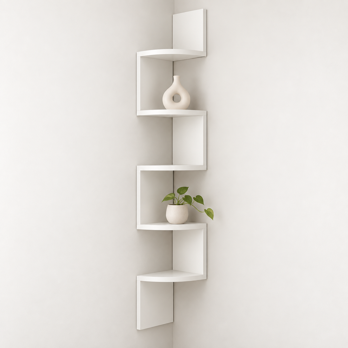 Moderne hjørnevæghylde med pladsbesparende design