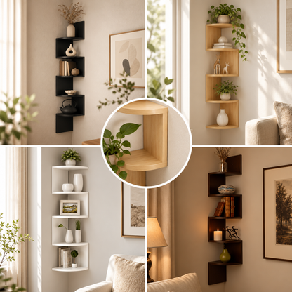 Moderne hjørnevæghylde med pladsbesparende design