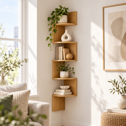 Moderne hjørnevæghylde med pladsbesparende design