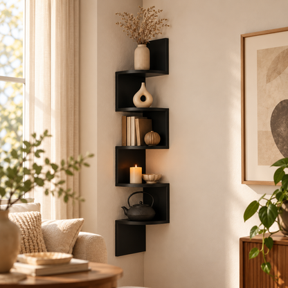 Moderne hjørnevæghylde med pladsbesparende design