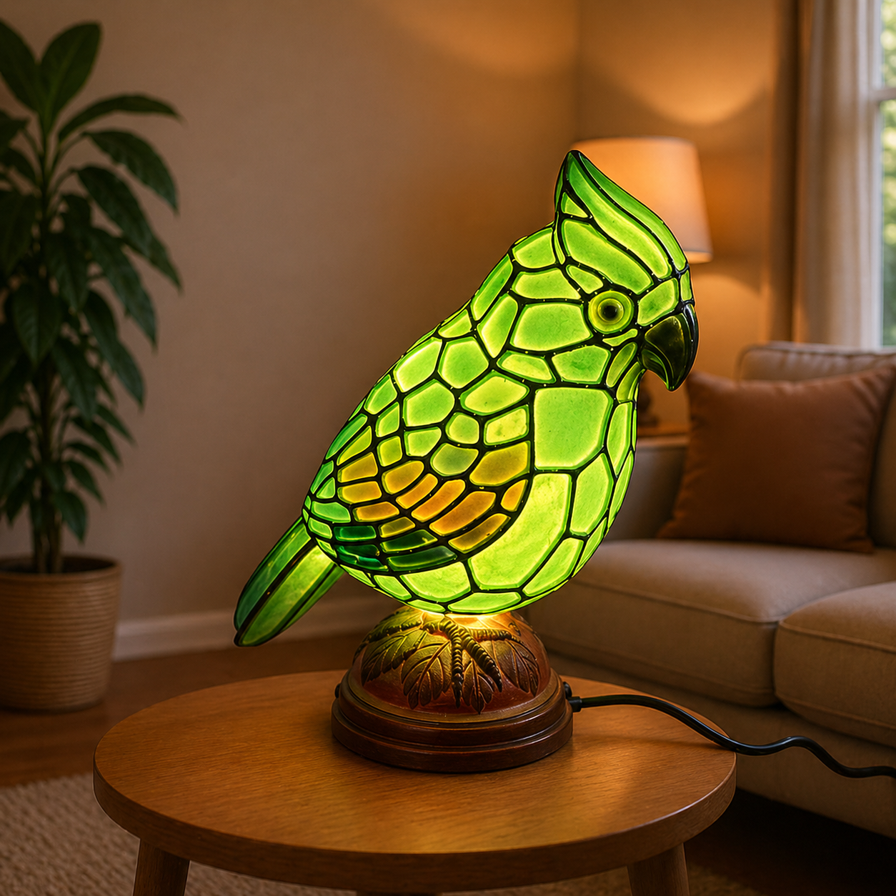Bordlampe Rød Kardinalfugl USB-drevet Kunstglasbelysning