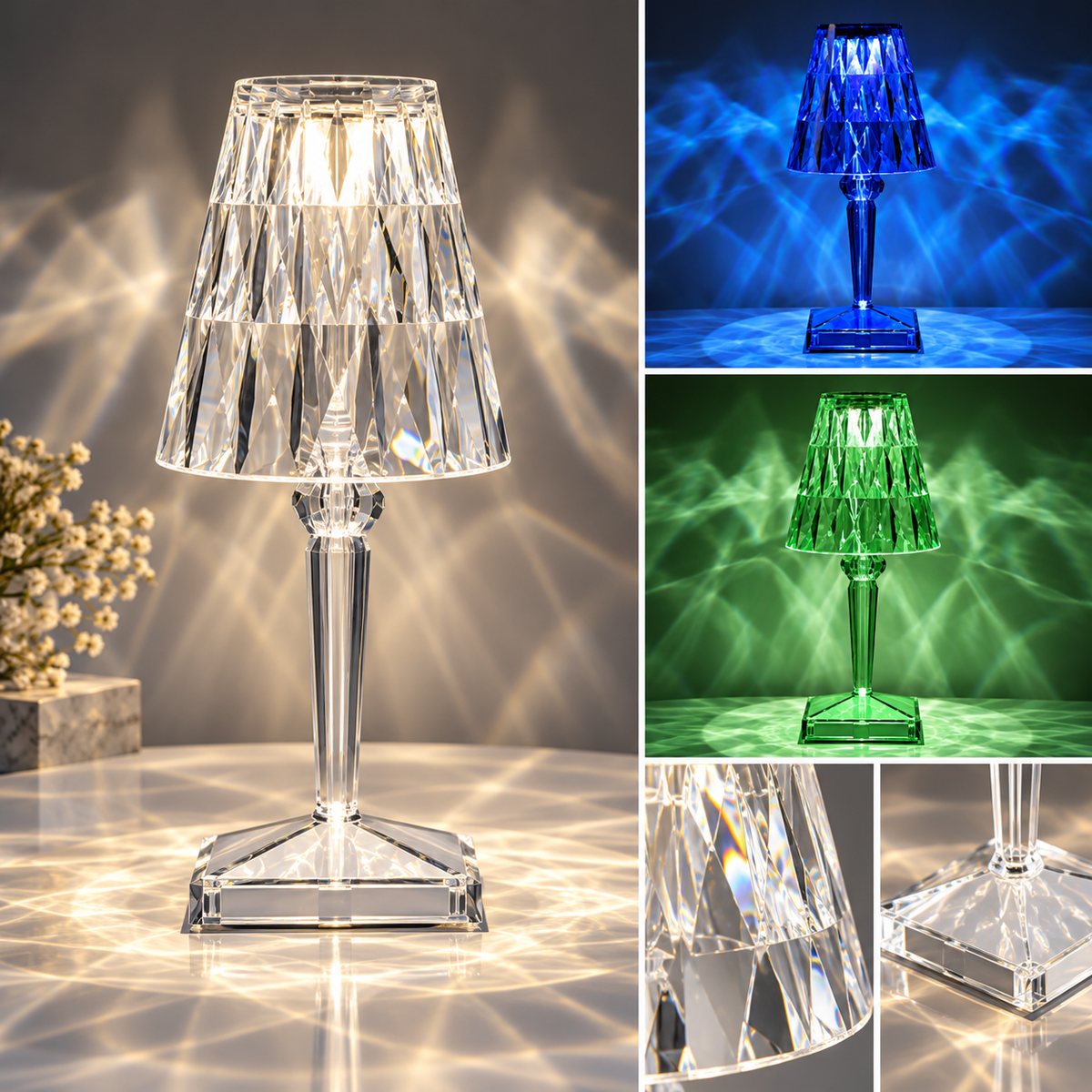 Candeeiro de mesa de cristal LED com controlo tátil, base esférica decorativa