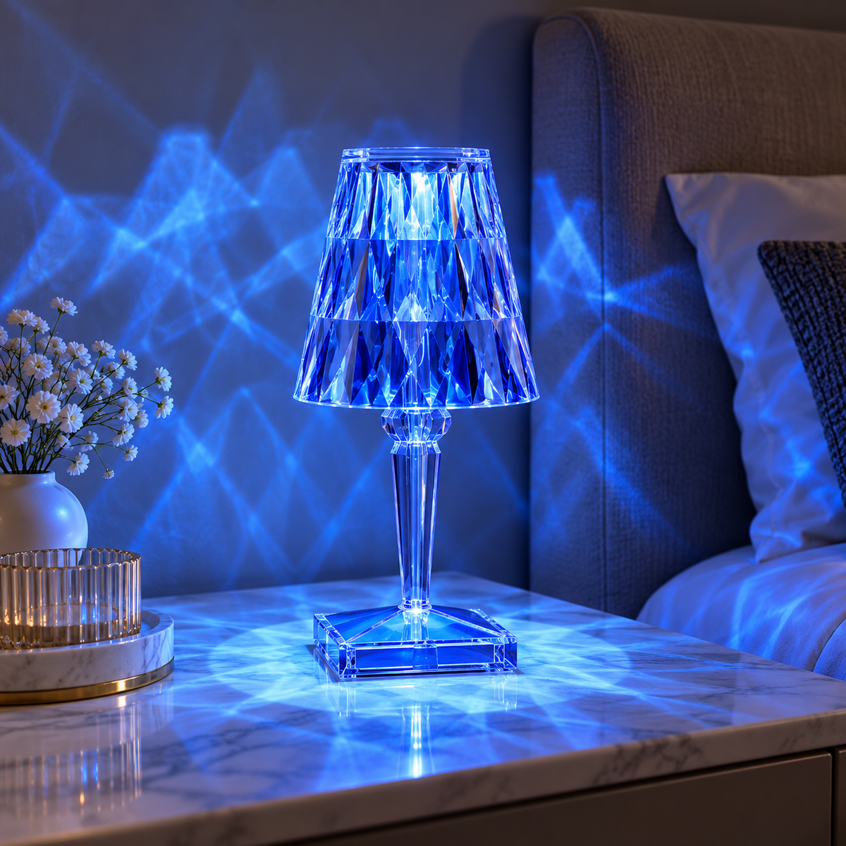 Candeeiro de mesa de cristal LED com controlo tátil, base esférica decorativa