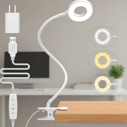 Desk Lamp Clip Flexible LED Reading Light 3 Color Modes