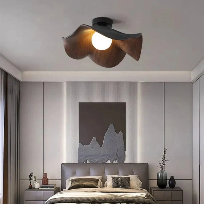 Scandinavian Wooden Lotus Ceiling Light | Resin & Iron Modern Flush Lamp