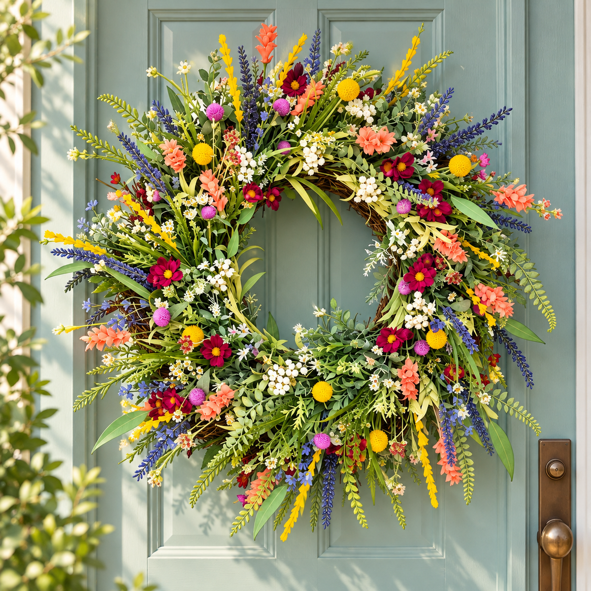 Dekorativer Türschmuck mit hängendem Frühlings-Wildblumenkranz