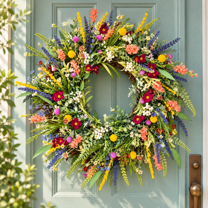Dekorativer Türschmuck mit hängendem Frühlings-Wildblumenkranz
