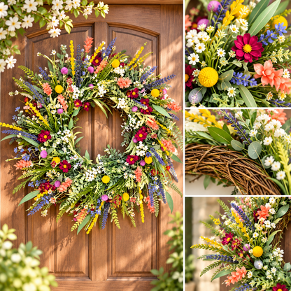 Dekorativer Türschmuck mit hängendem Frühlings-Wildblumenkranz