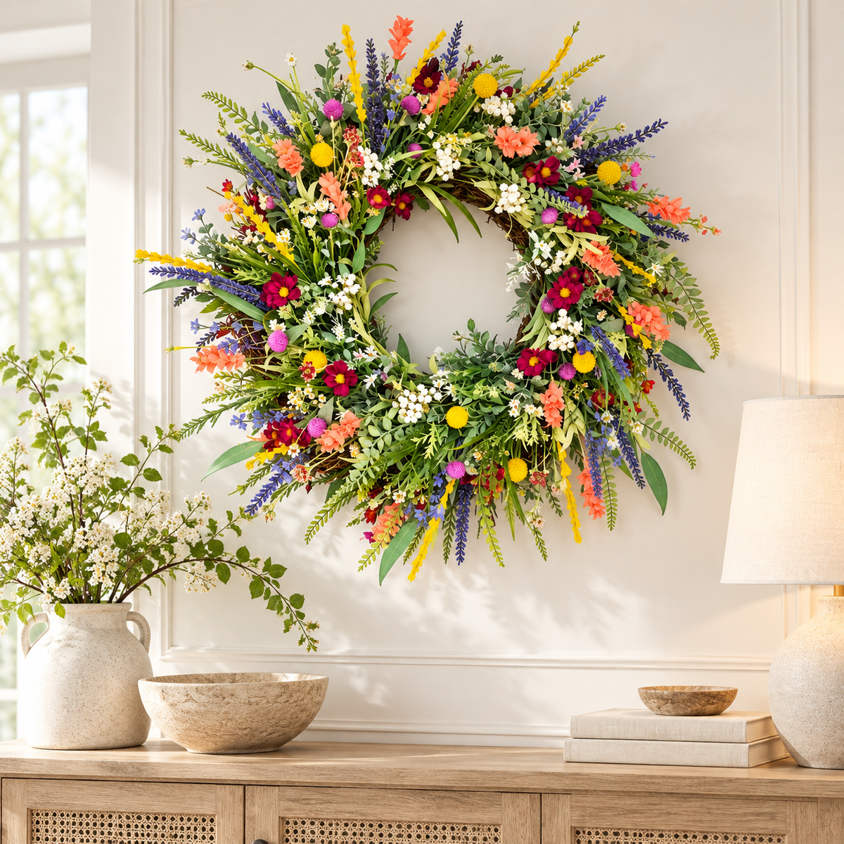 Dekorativer Türschmuck mit hängendem Frühlings-Wildblumenkranz