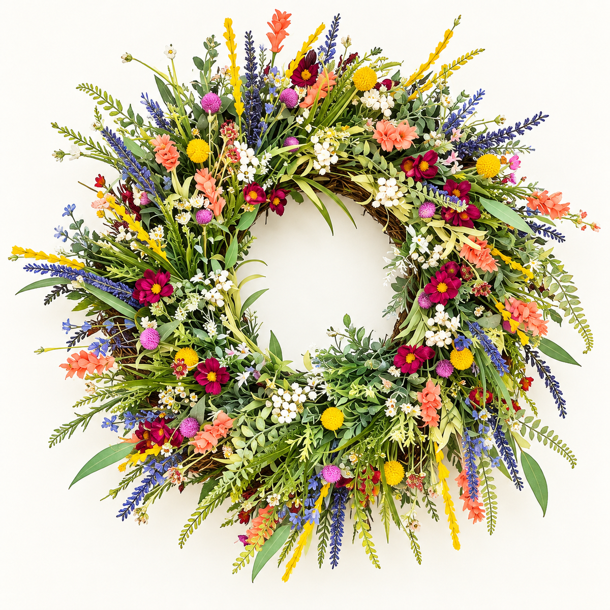 Dekorativer Türschmuck mit hängendem Frühlings-Wildblumenkranz