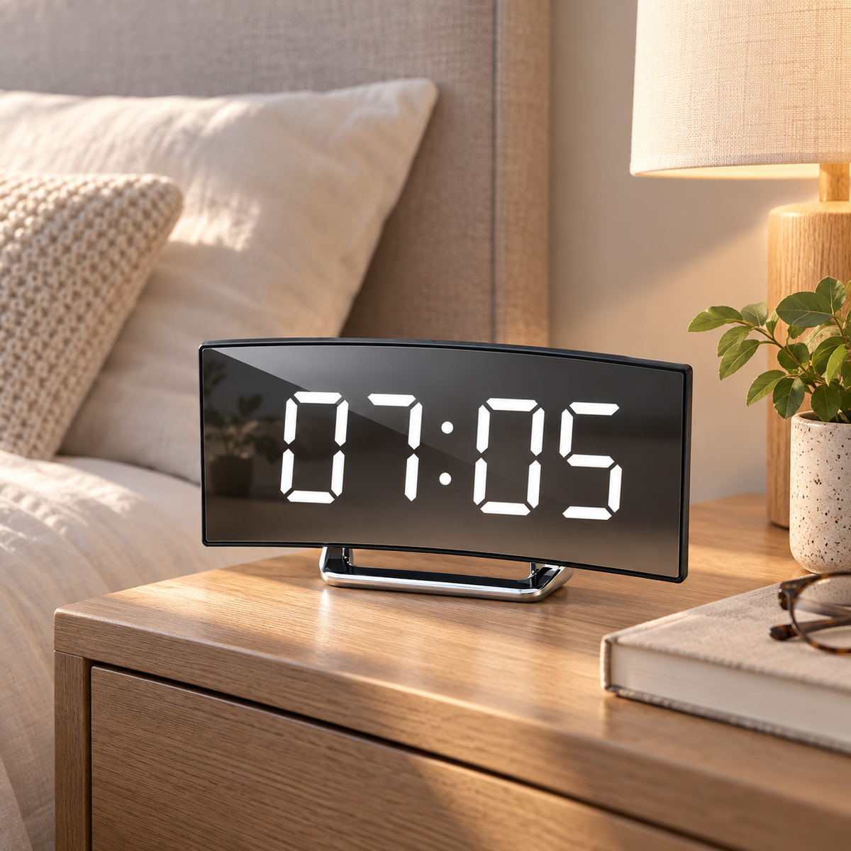 Reloj despertador digital con pantalla LED curva y espejo