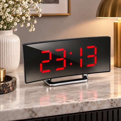Reloj despertador digital con pantalla LED curva y espejo