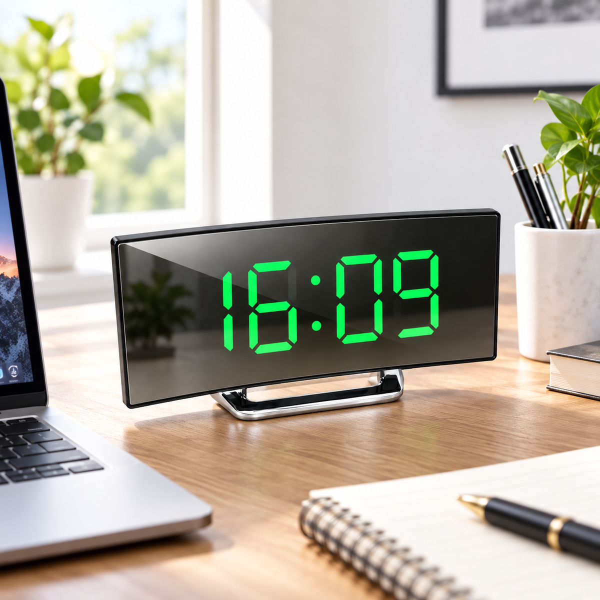 Reloj despertador digital con pantalla LED curva y espejo