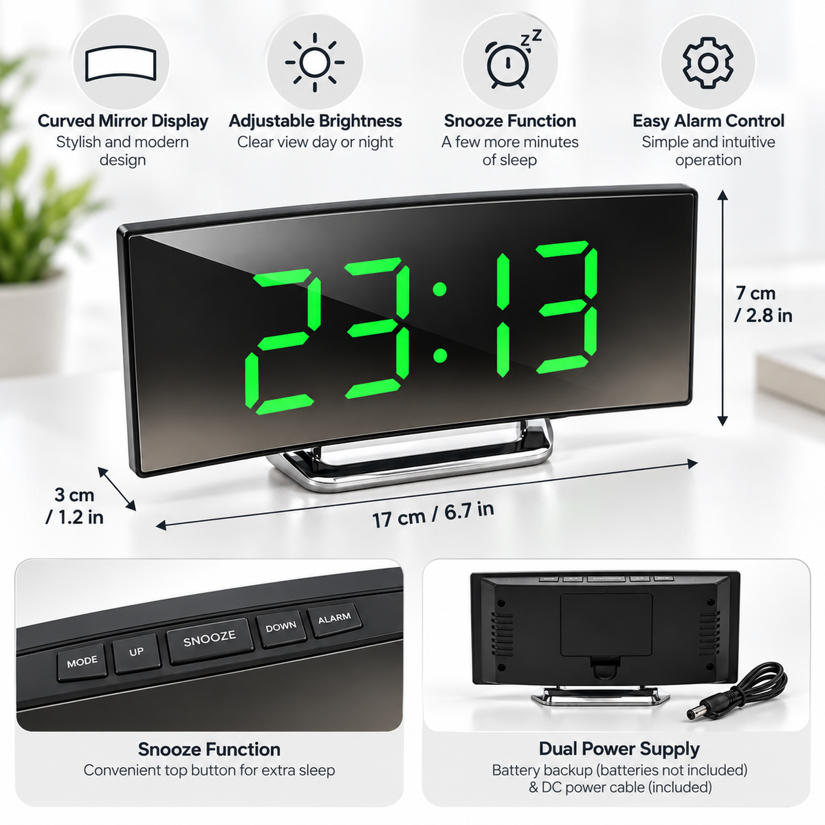Reloj despertador digital con pantalla LED curva y espejo