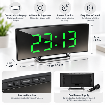 Reloj despertador digital con pantalla LED curva y espejo