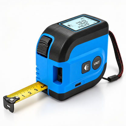 Digitalt målebånd og laserafstandsmåler med kompakt design