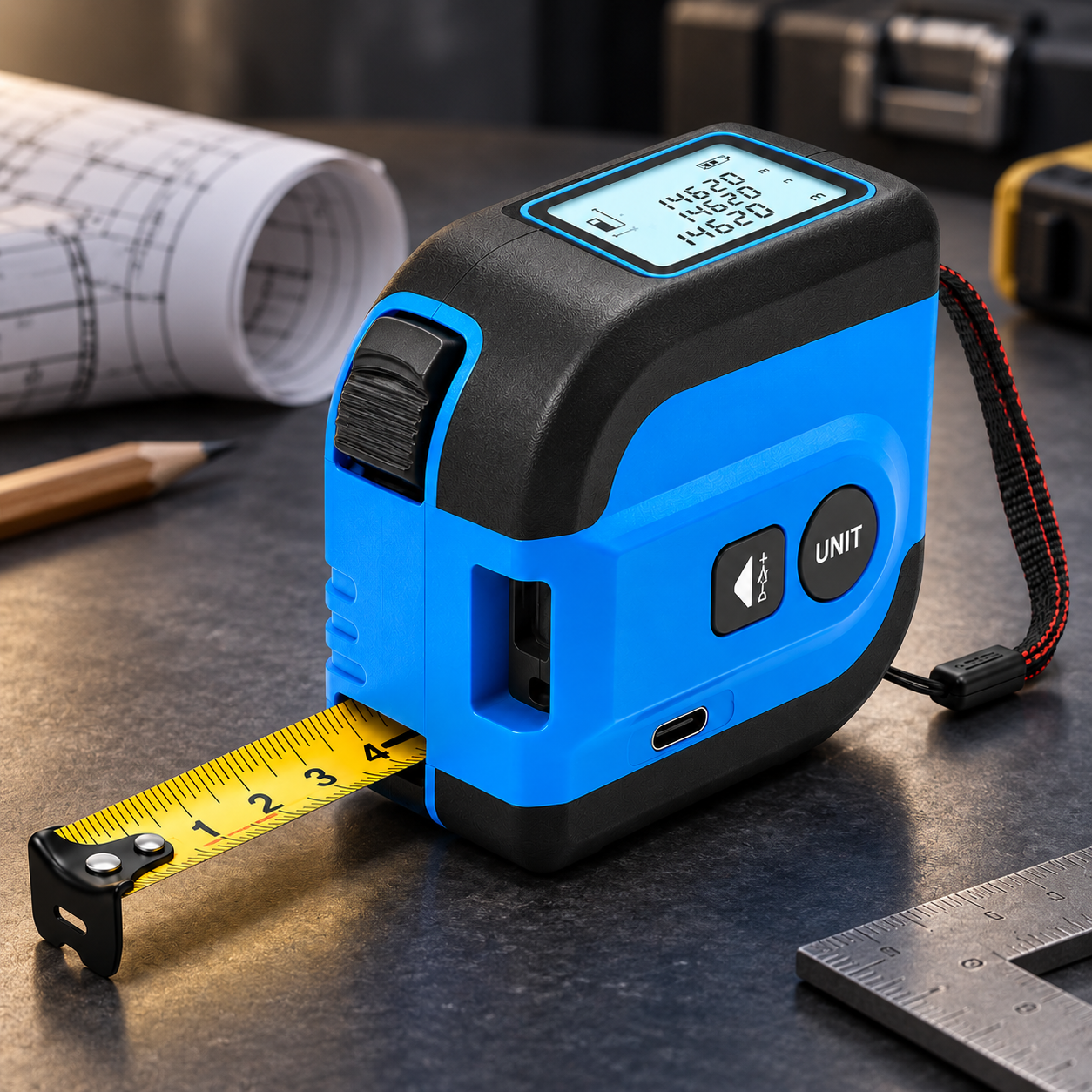 Digitalt målebånd og laserafstandsmåler med kompakt design