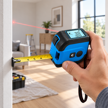 Digitalt målebånd og laserafstandsmåler med kompakt design