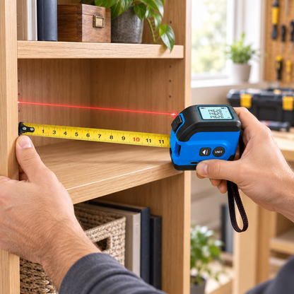 Digitalt målebånd og laserafstandsmåler med kompakt design