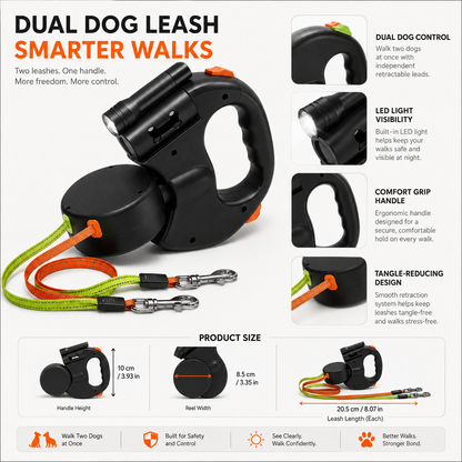 Dobbelt hundesnor med LED-lys og håndfri design
