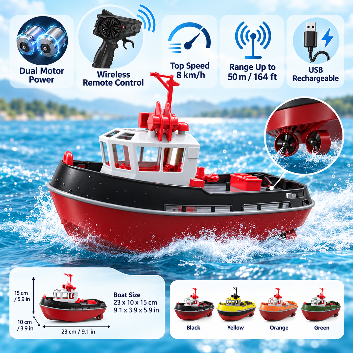 Dual Motor Rc Tugboat Electric Remote Controlled Fun