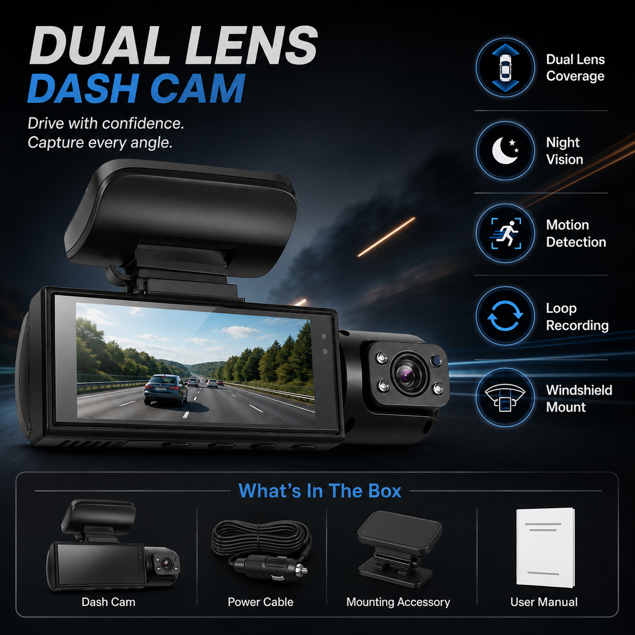 Dual Lens Dash Cam Night Vision Motion Detection Features