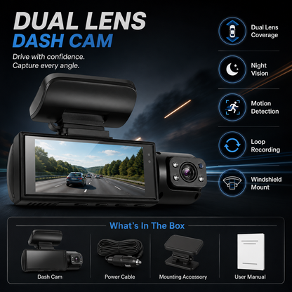 Dual Lens Dash Cam Night Vision Motion Detection Features