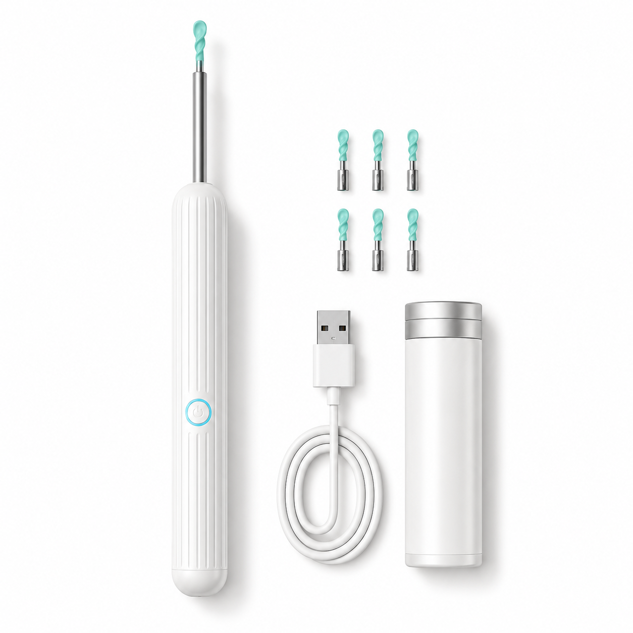 Dispositivo limpiador y removedor de cerumen con punta espiral y LED