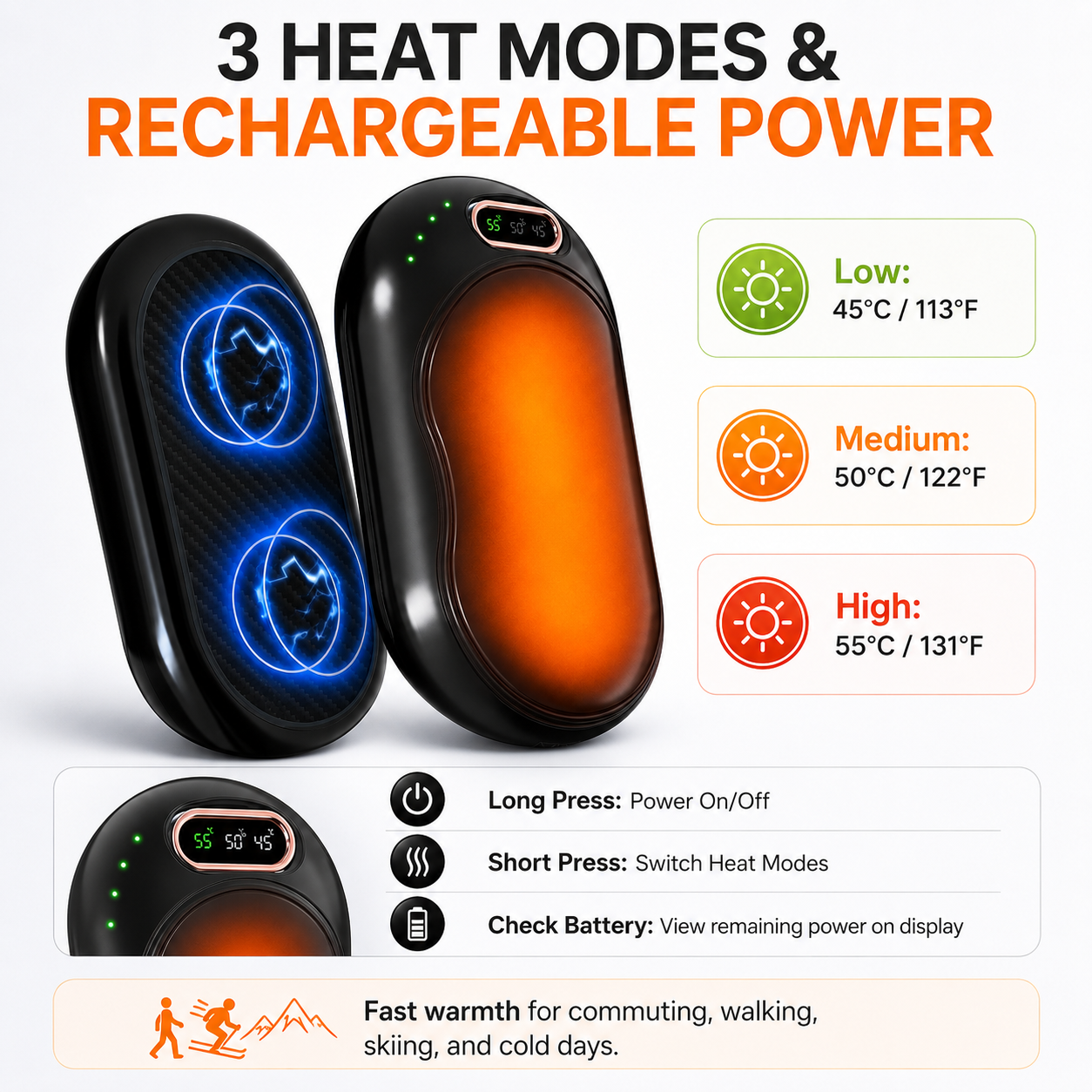 Electric Hand Warmer Rechargeable Magnetic Double Sided