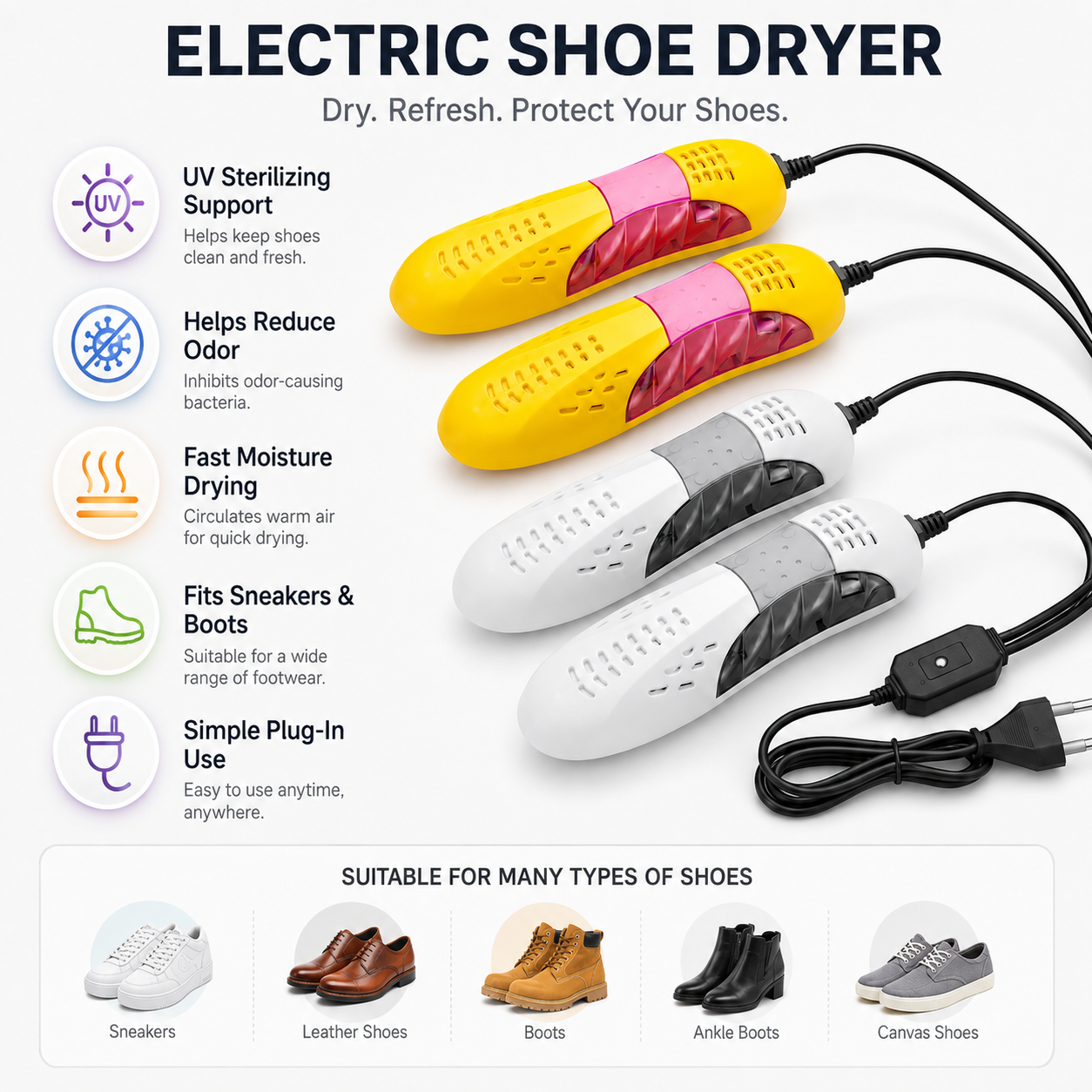 Secador eléctrico de zapatos con esterilización UV y eliminación de olores
