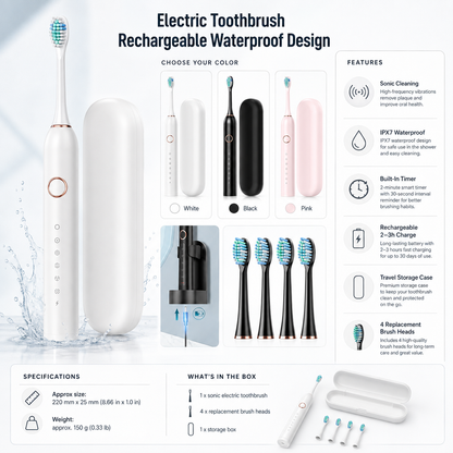 Escova de dentes elétrica recarregável com design à prova de água