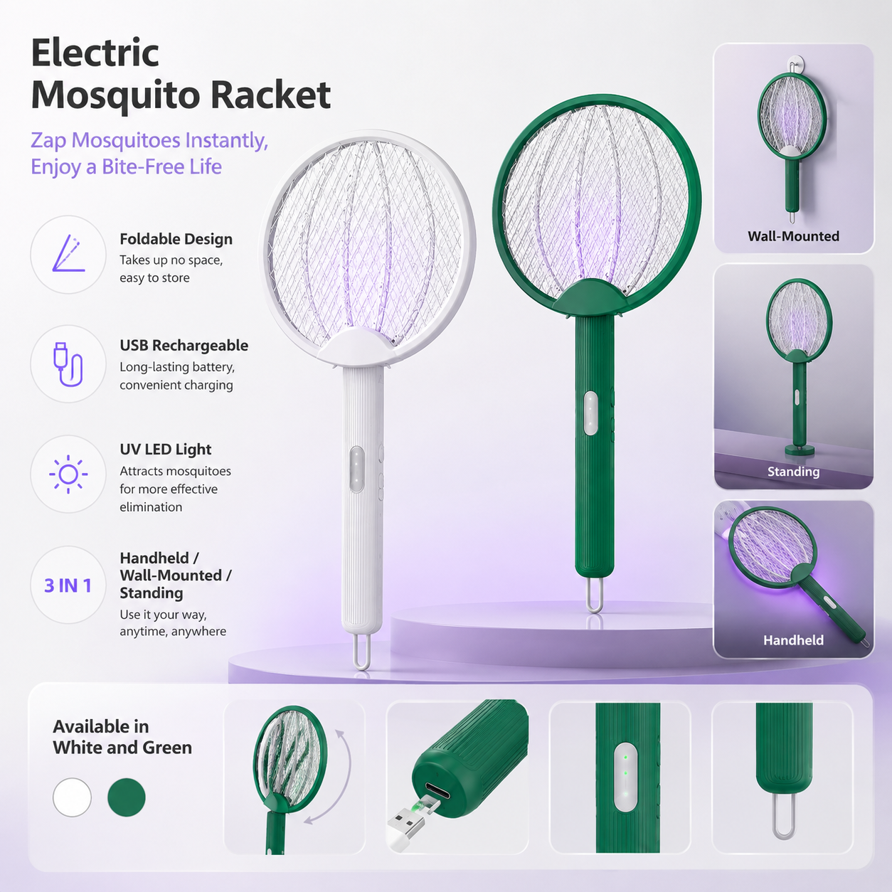 Electric Mosquito Racket Foldable Zapper Handle Mesh