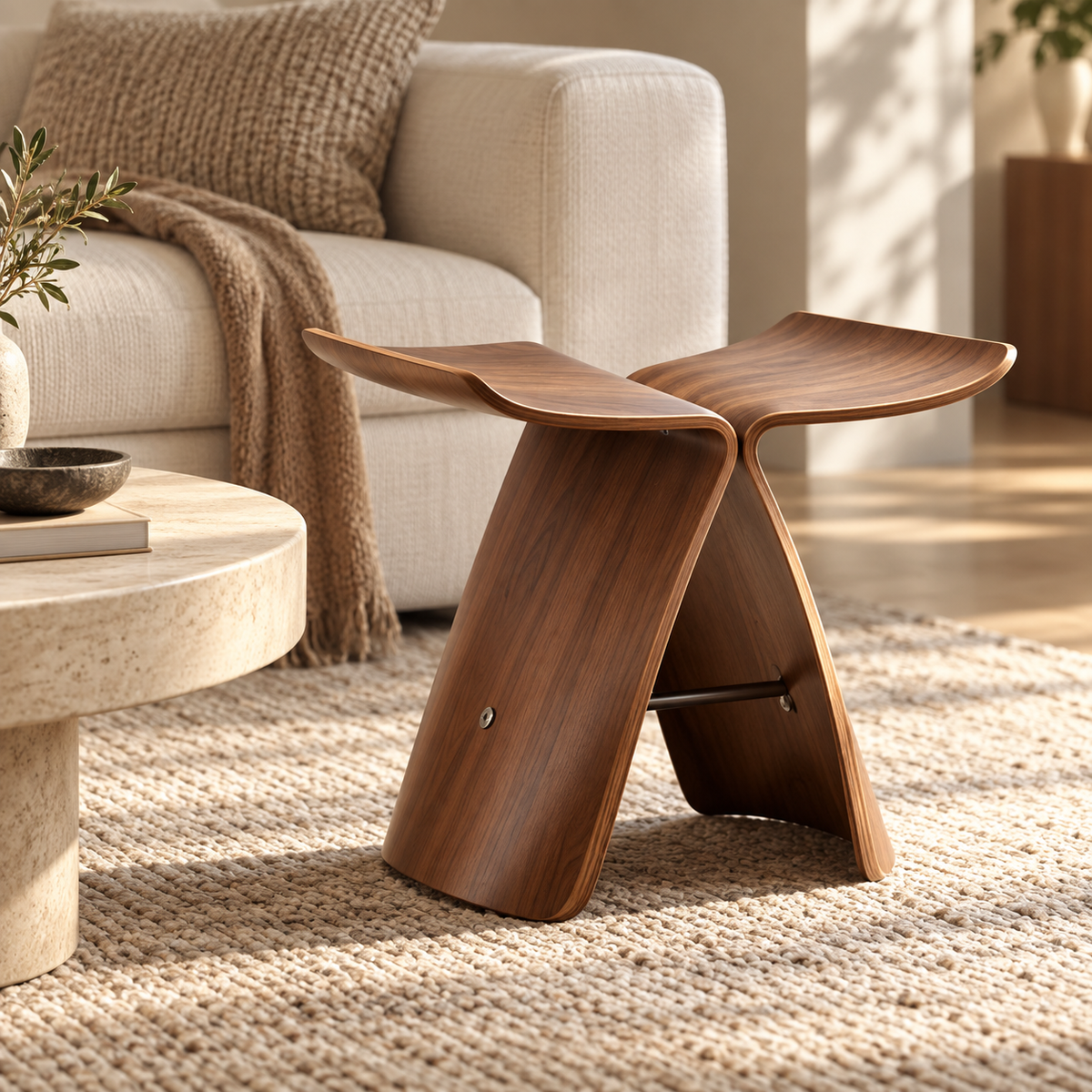 Taburete de madera elegante, otomana versátil, diseño moderno