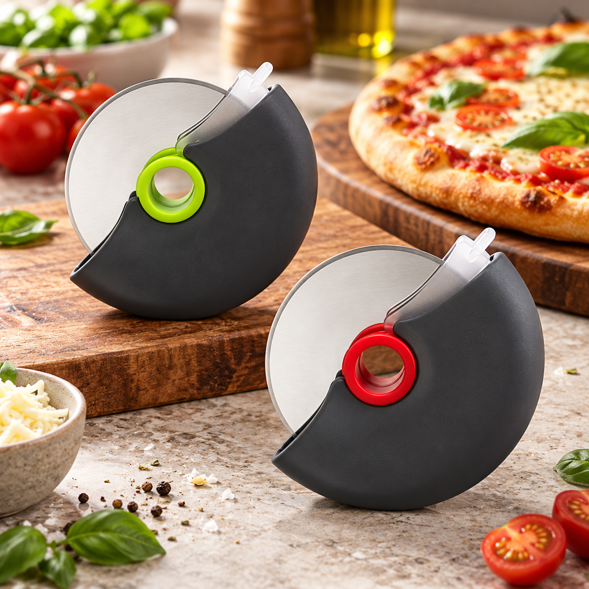 Ergonomisk pizzaskærer med aftageligt design i rustfrit stål
